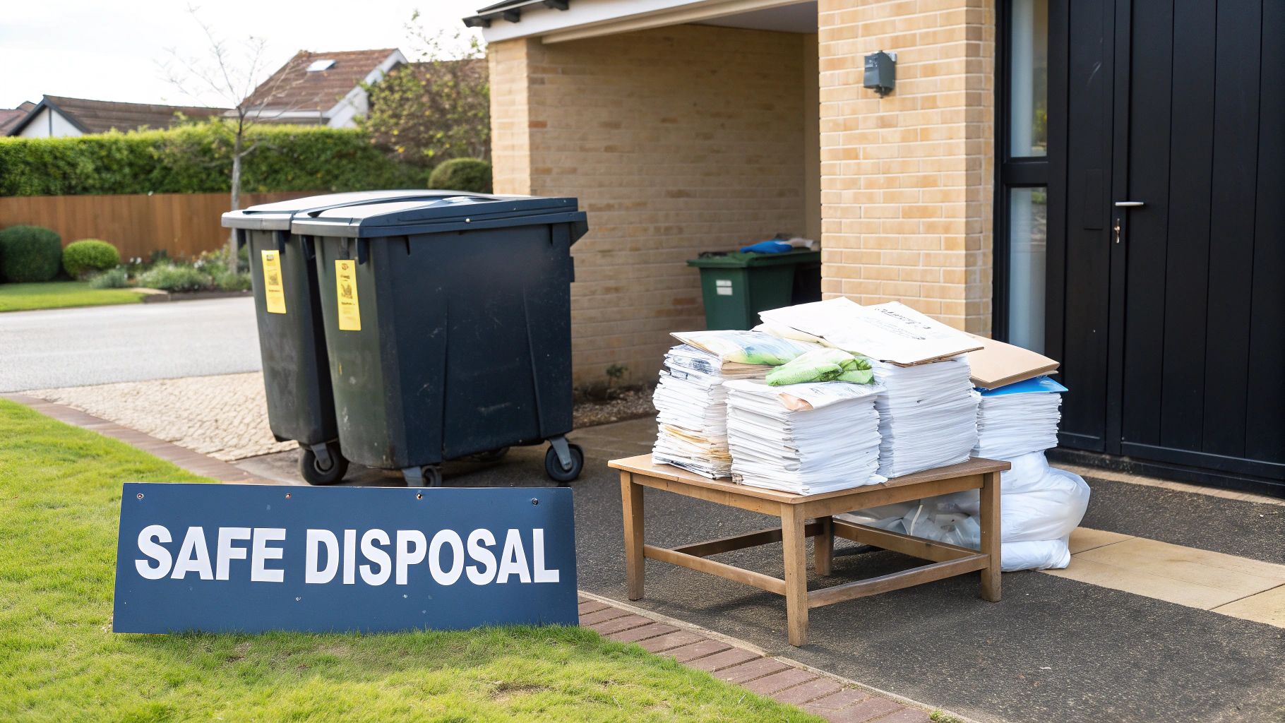 A 'SAFE DISPOSAL' sign on grass, with large stacks of paper and recycling bins outside a house.