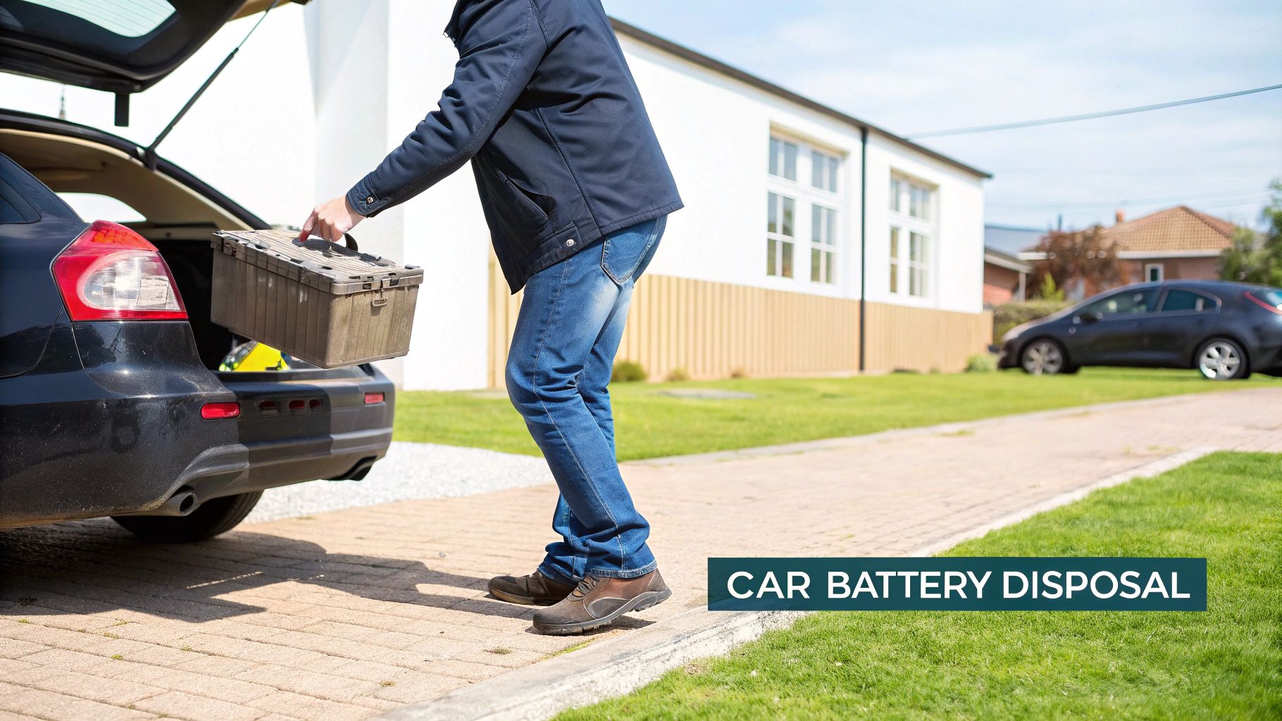 A person places a large brown box into the open trunk of a black car, with text 'CAR BATTERY DISPOSAL'.