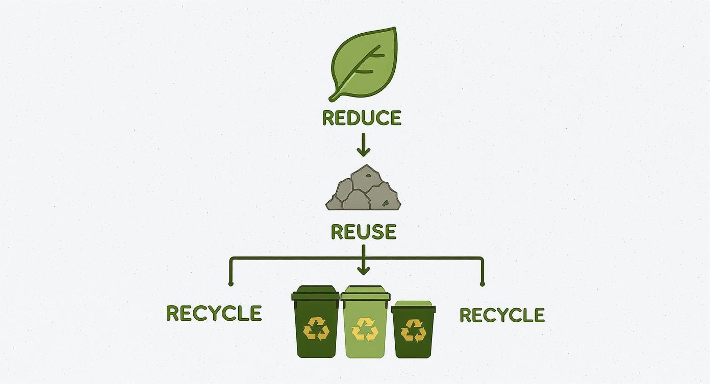 Infographic of the waste hierarchy showing Reduce, Reuse, and Recycle from top to bottom with relevant icons for each.