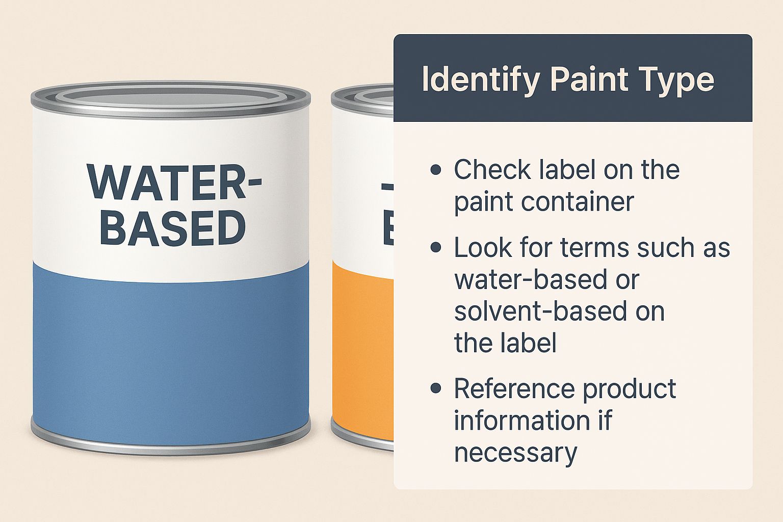 Infographic showing two paint can labels side-by-side, one for 'Water-Based' paint and one for 'Solvent-Based', with a text box that reads 'Identify Paint Type'.