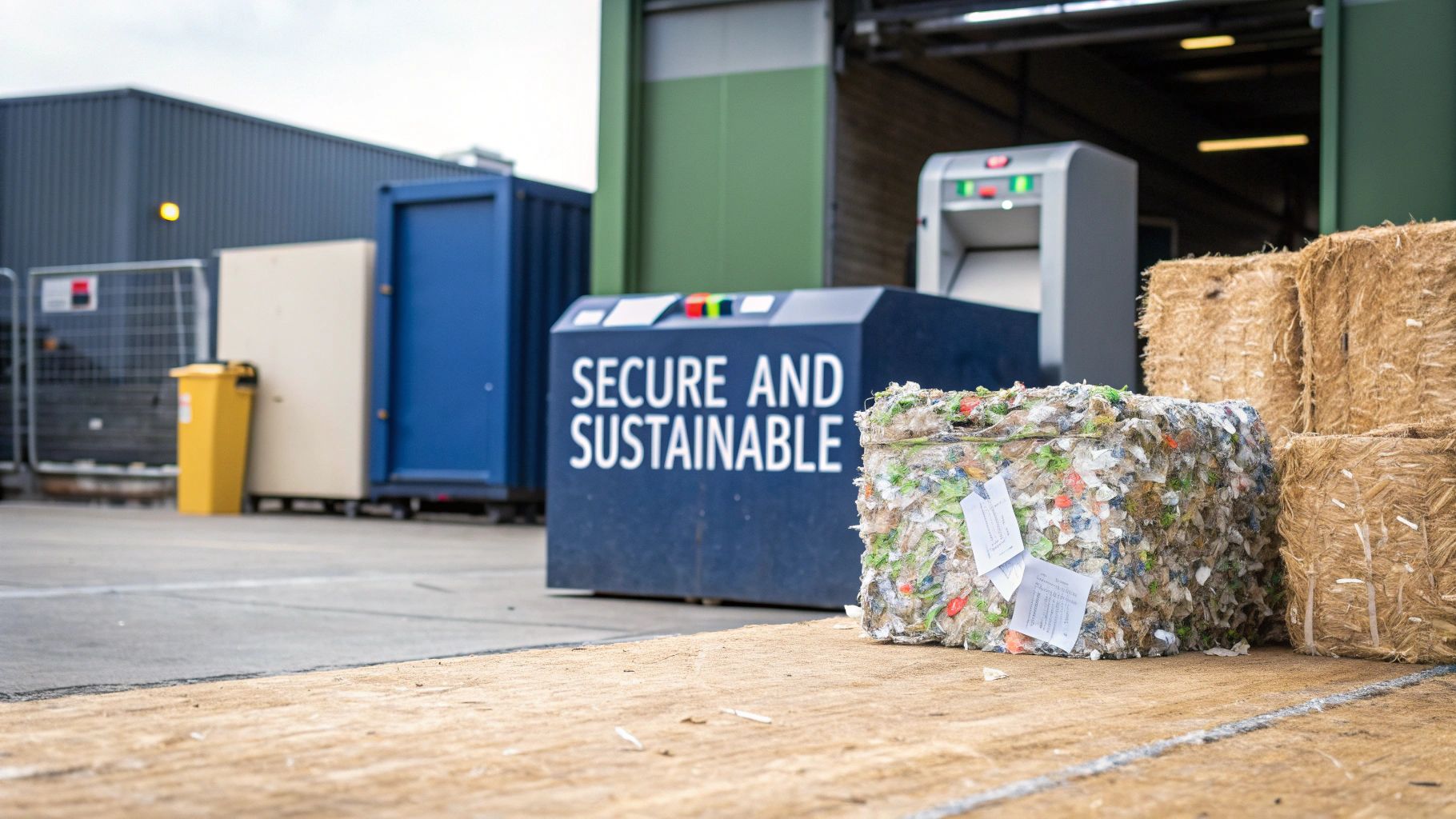 Bales of shredded paper and straw near a 'Secure and Sustainable' waste processing facility.
