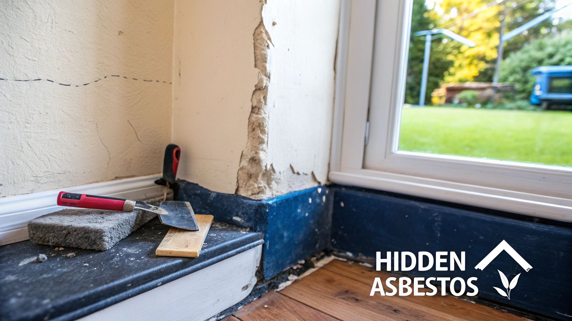 Cracked plaster wall corner with visible substrate, renovation tools, and a window to a garden.