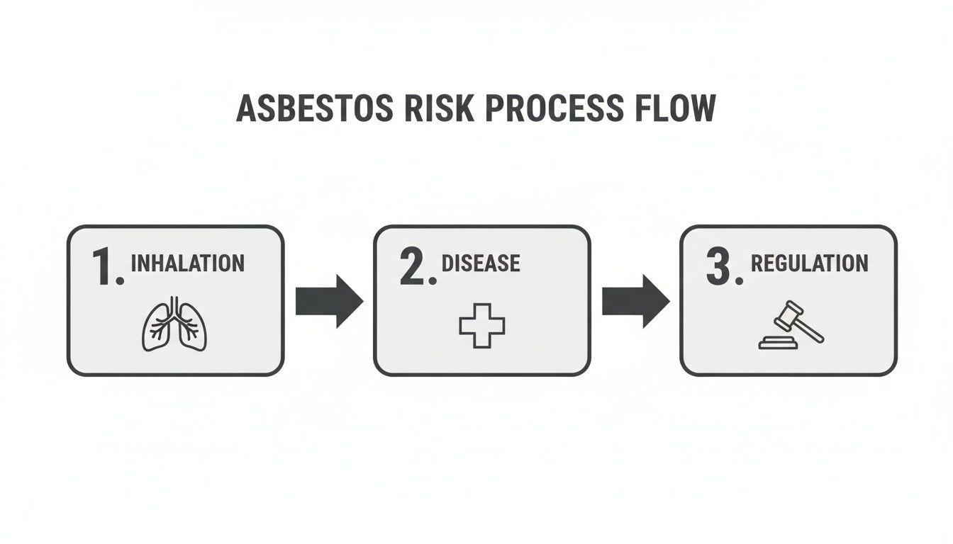 A three-step flowchart illustrates the asbestos risk process, detailing inhalation, disease, and regulation with icons.