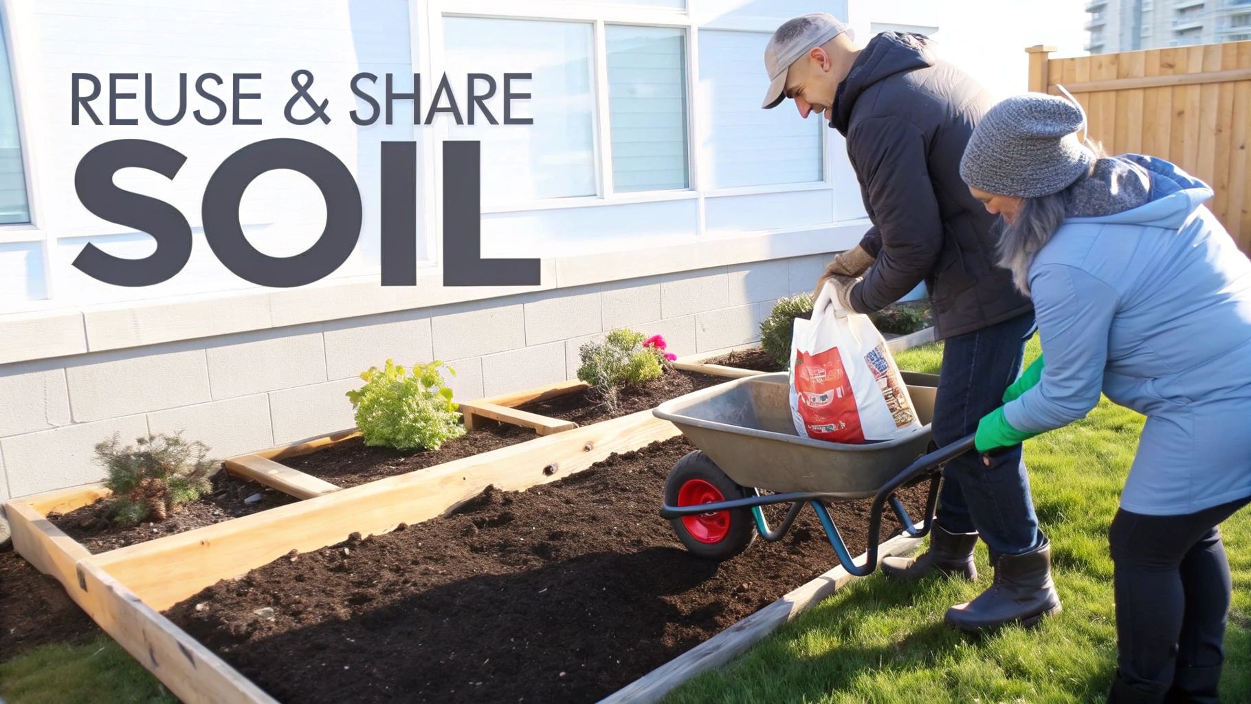 A man and woman are filling a raised garden bed with soil, with 'REUSE & SHARE SOIL' text.
