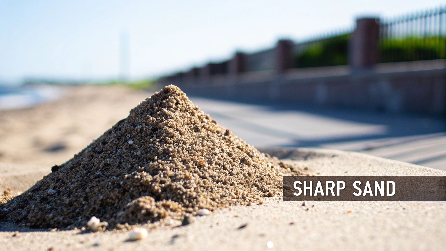 A small mound of sharp sand on a sunny beach, with the ocean and a distant fence.