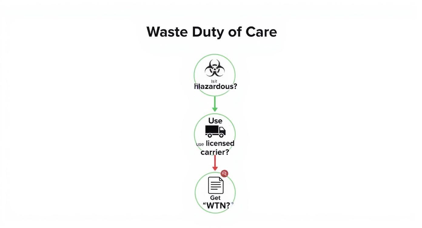 Flowchart showing waste duty of care process from hazardous check to licensed carrier to waste transfer note