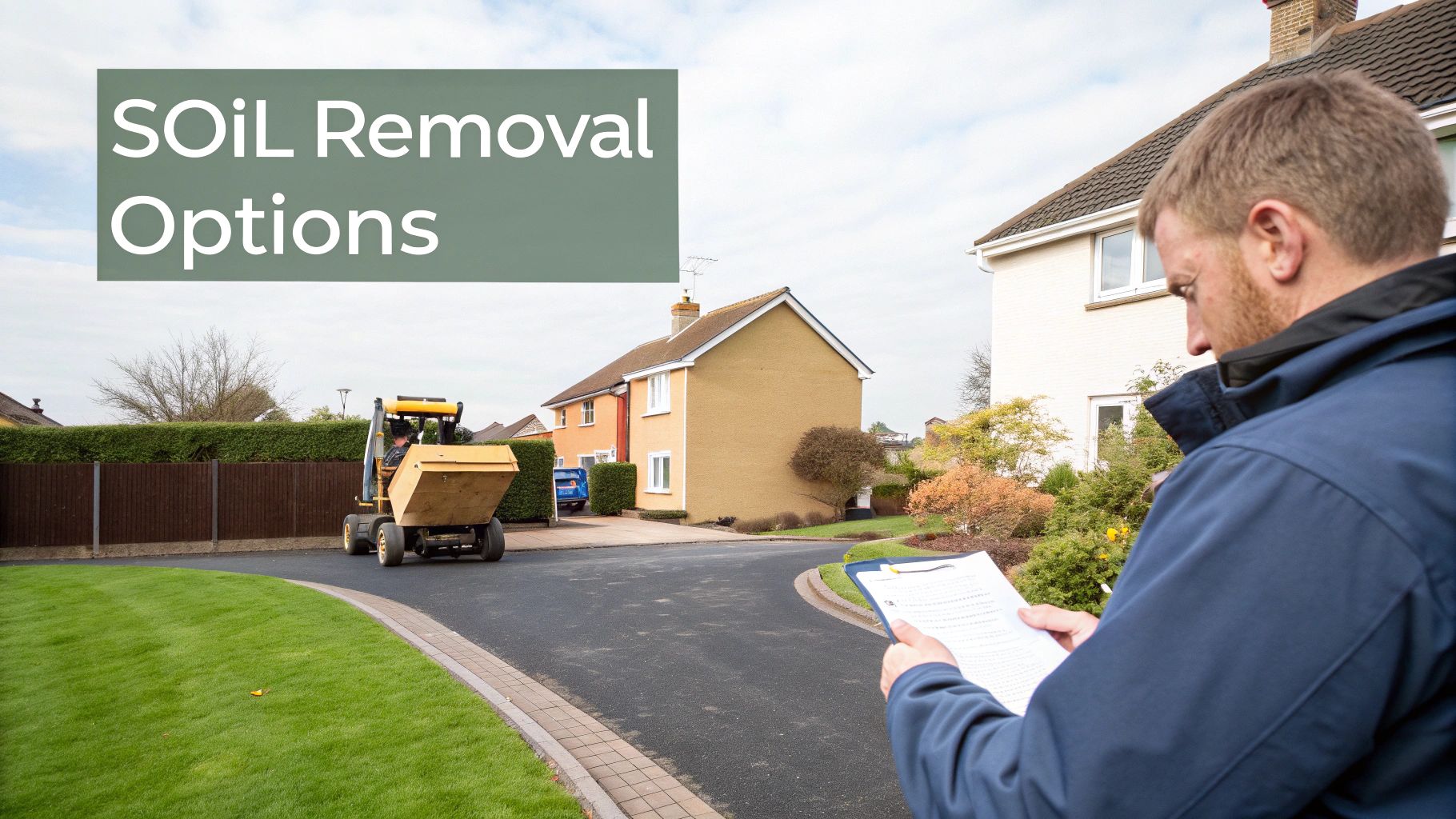 A large yellow grab lorry collecting a pile of soil from a construction site.