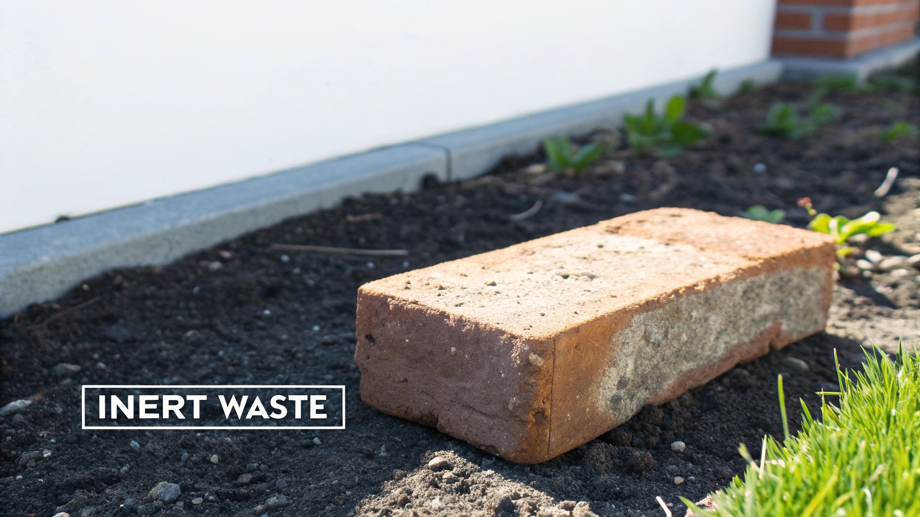Red brick on dark soil representing inert waste material in garden construction area