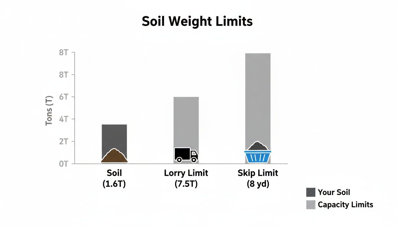 Bar chart comparing your soil weight (1.6T) against lorry (7.5T) and skip (8 yd) capacity limits.