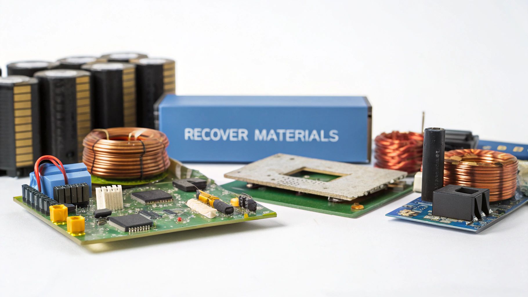 Electronic components like circuit boards, capacitors, and copper coils for material recovery and recycling.