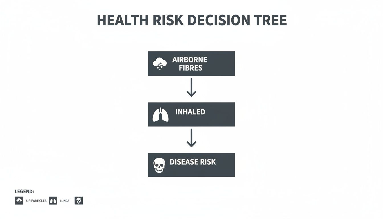 A health risk decision tree diagram showing airborne fibres being inhaled, leading to disease risk.