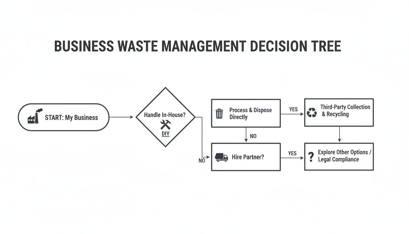 A business waste management decision tree flowchart outlining in-house processing, direct disposal, and hiring partners.