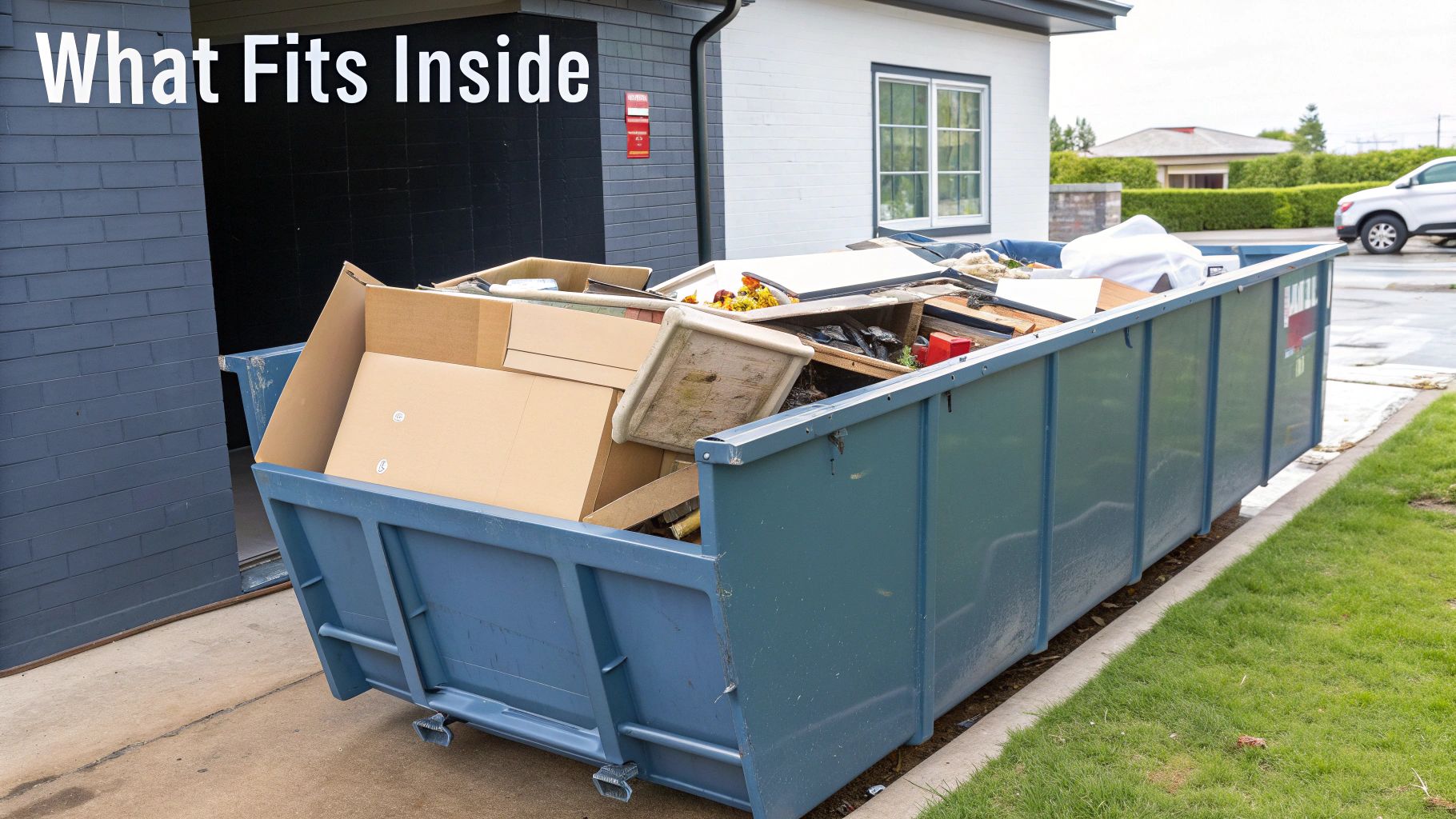 A large blue skip dumpster overflowing with cardboard boxes, wood, and various waste debris on a driveway.