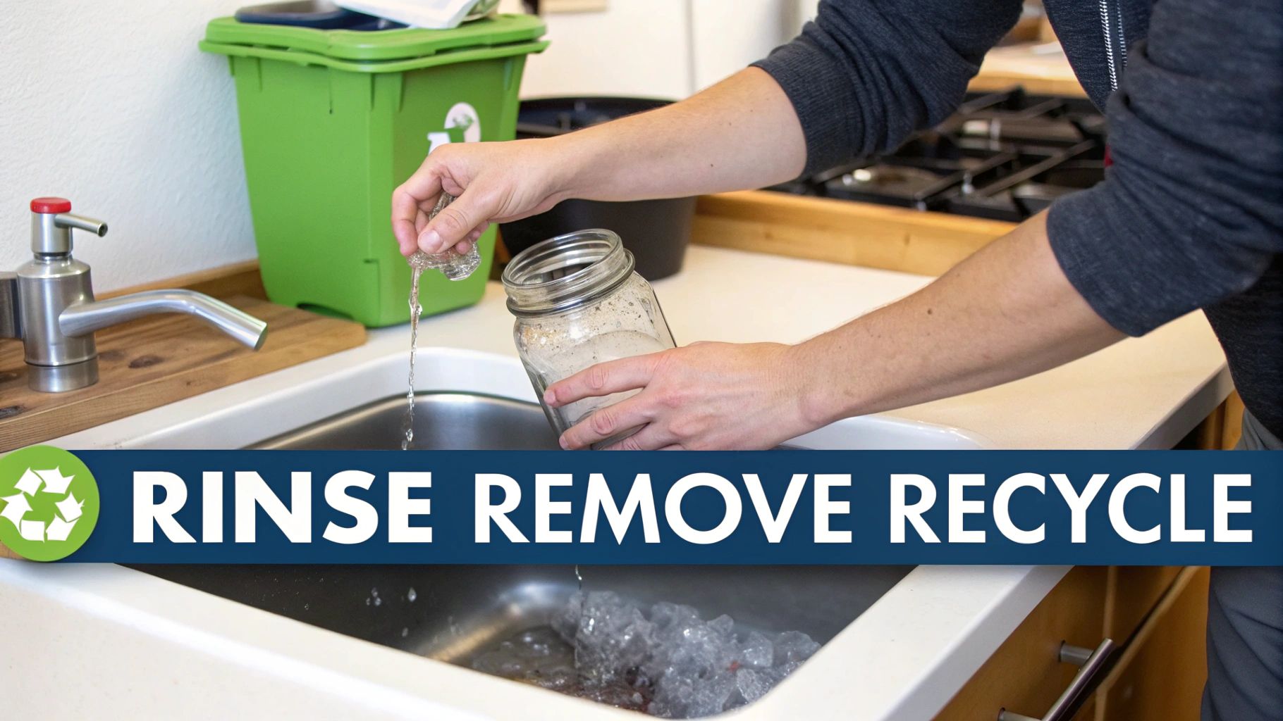 Hands rinse a glass jar in a sink before recycling, with a green bin nearby.