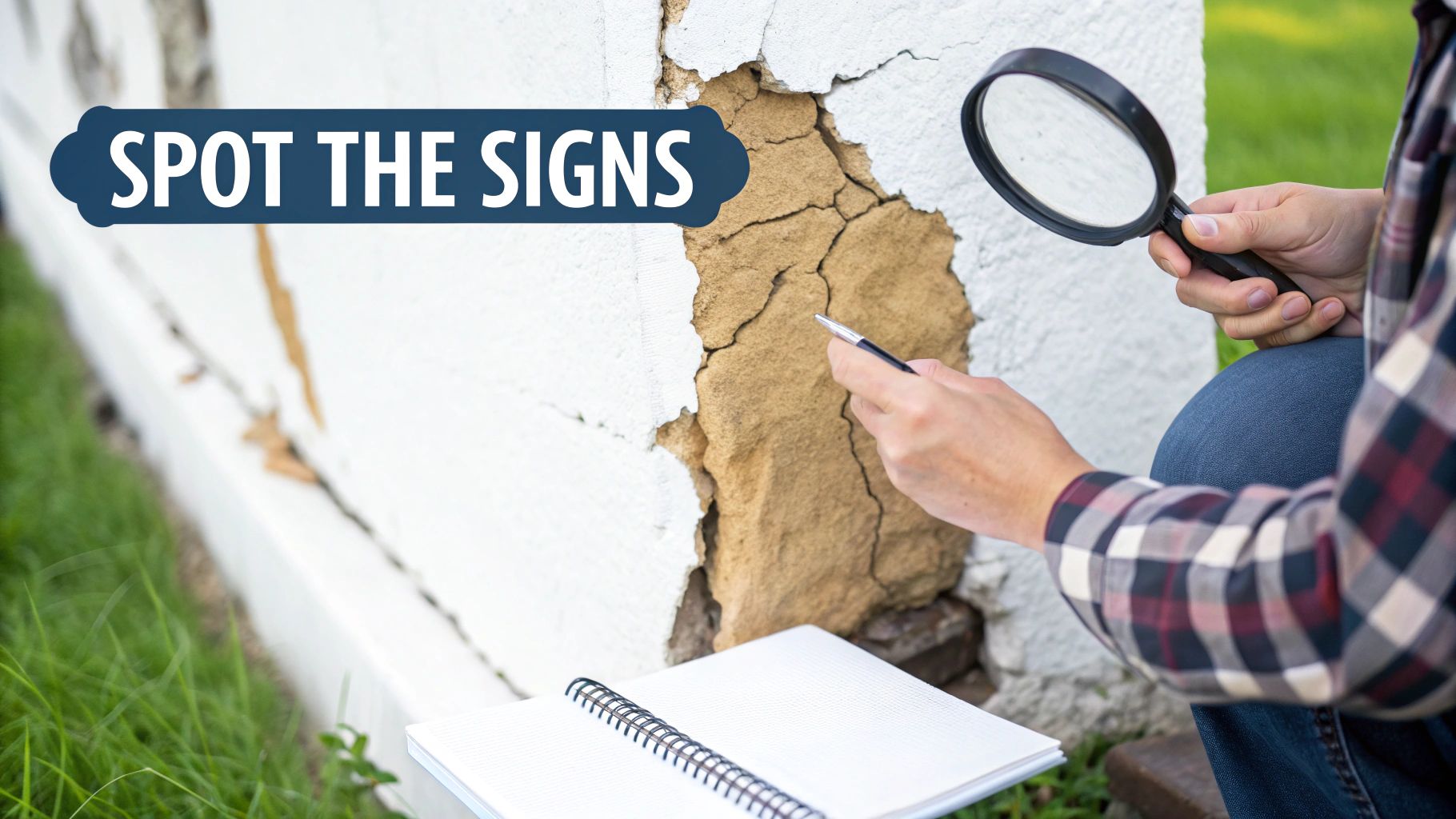 A person inspecting severe cracks on a building's foundation with a magnifying glass and pen.