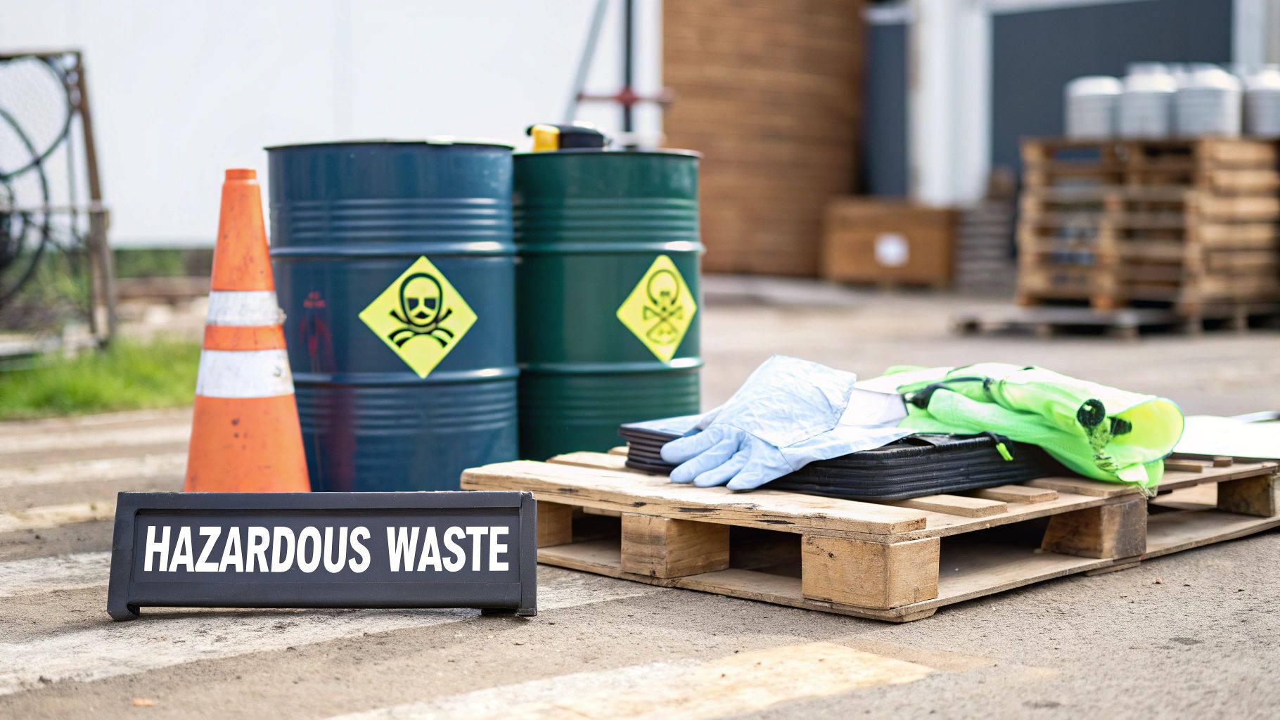 A warning sign for hazardous materials placed near a construction site.