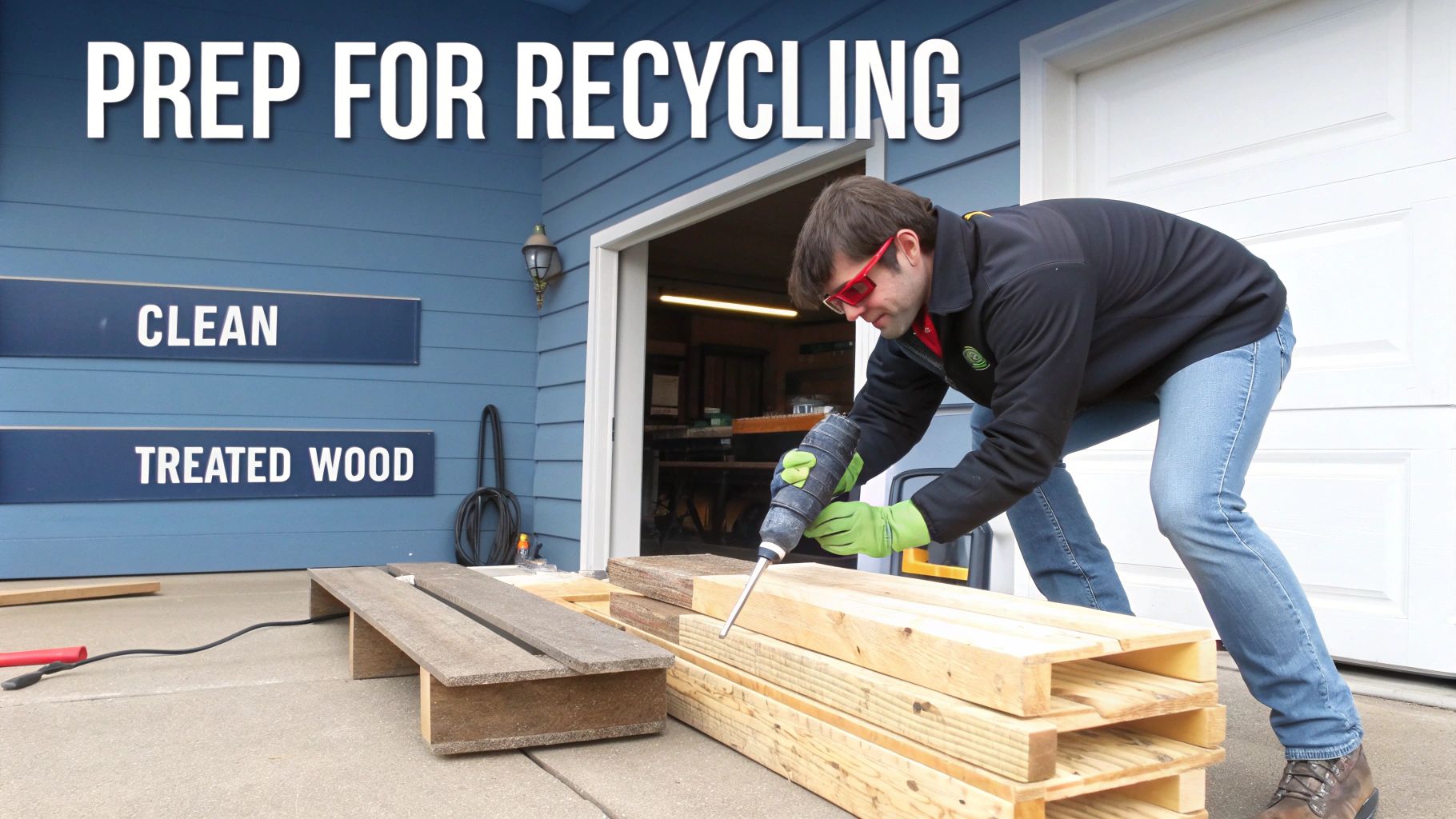 A man wearing gloves and glasses uses a drill on wooden pallets, preparing wood for recycling.