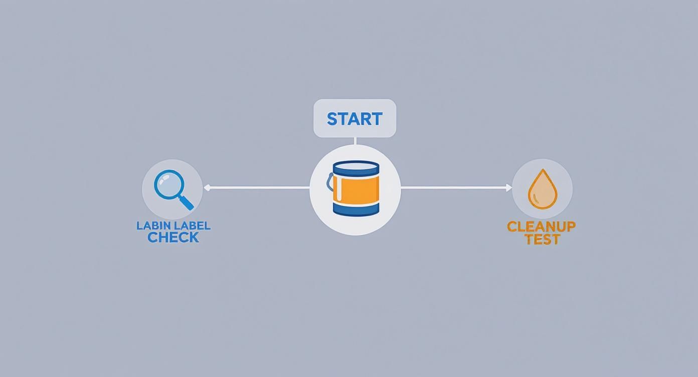 A process diagram starting with a paint can, leading to label check and cleanup test.