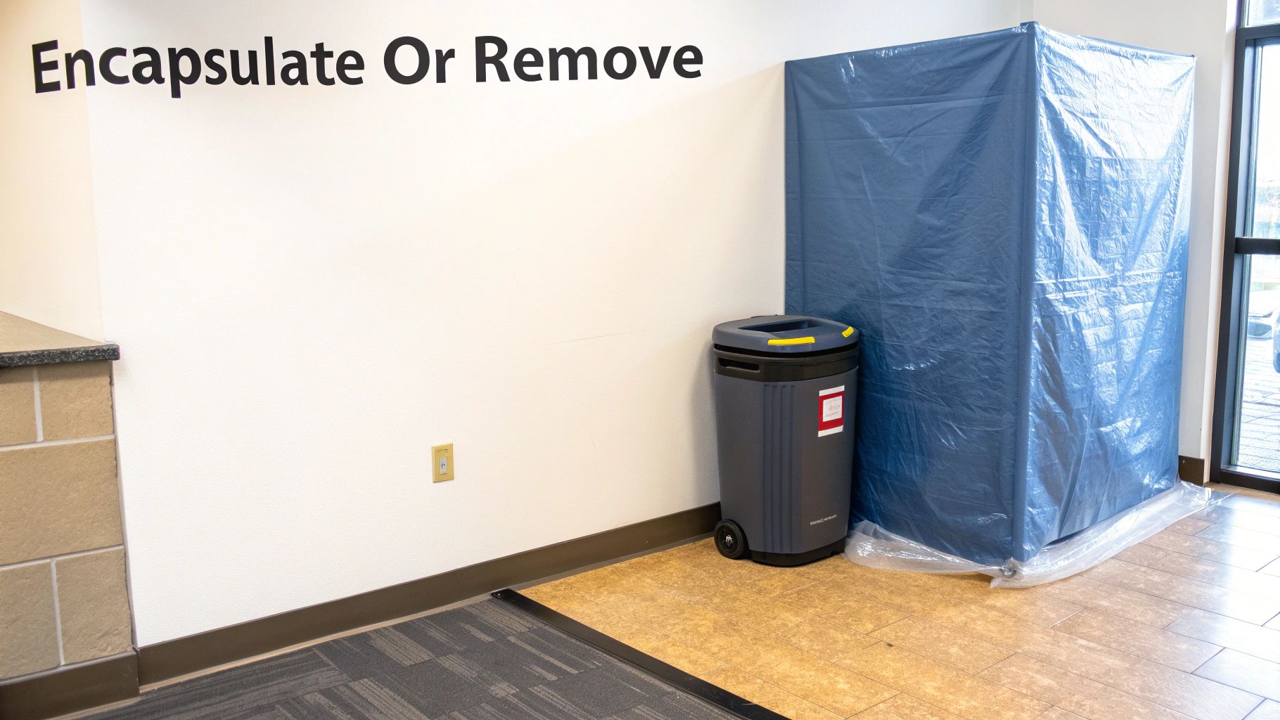 White wall with "Encapsulate Or Remove" text, a grey bin, and a large object covered in blue tarp.