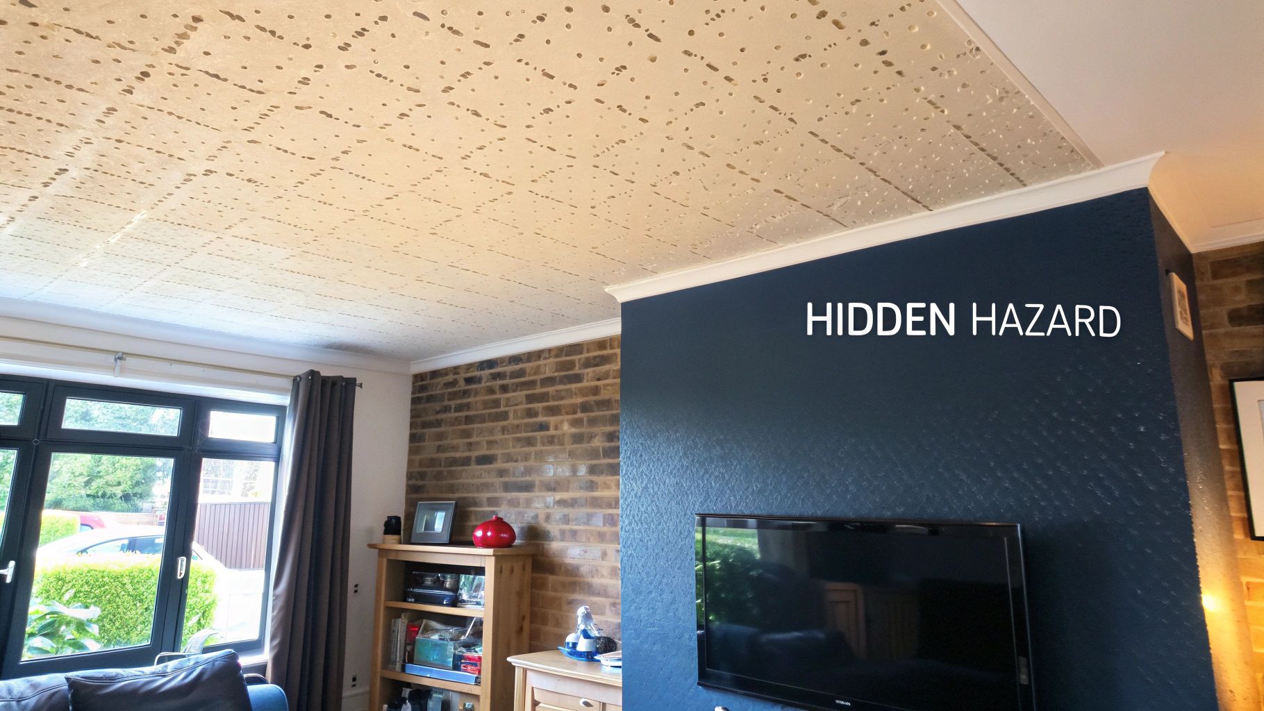 A textured ceiling with visible damage or potential asbestos, labeled 'Hidden Hazard' in a room.