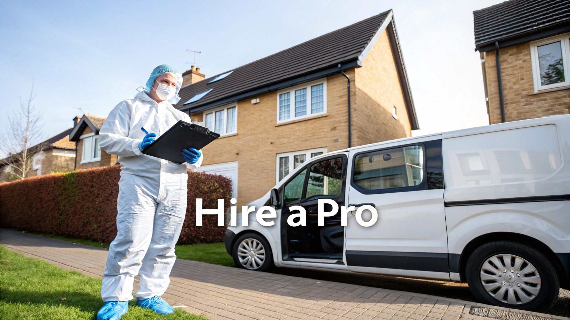 A professional in a white protective suit, mask, and blue gloves inspects a property with a clipboard, next to a service van.