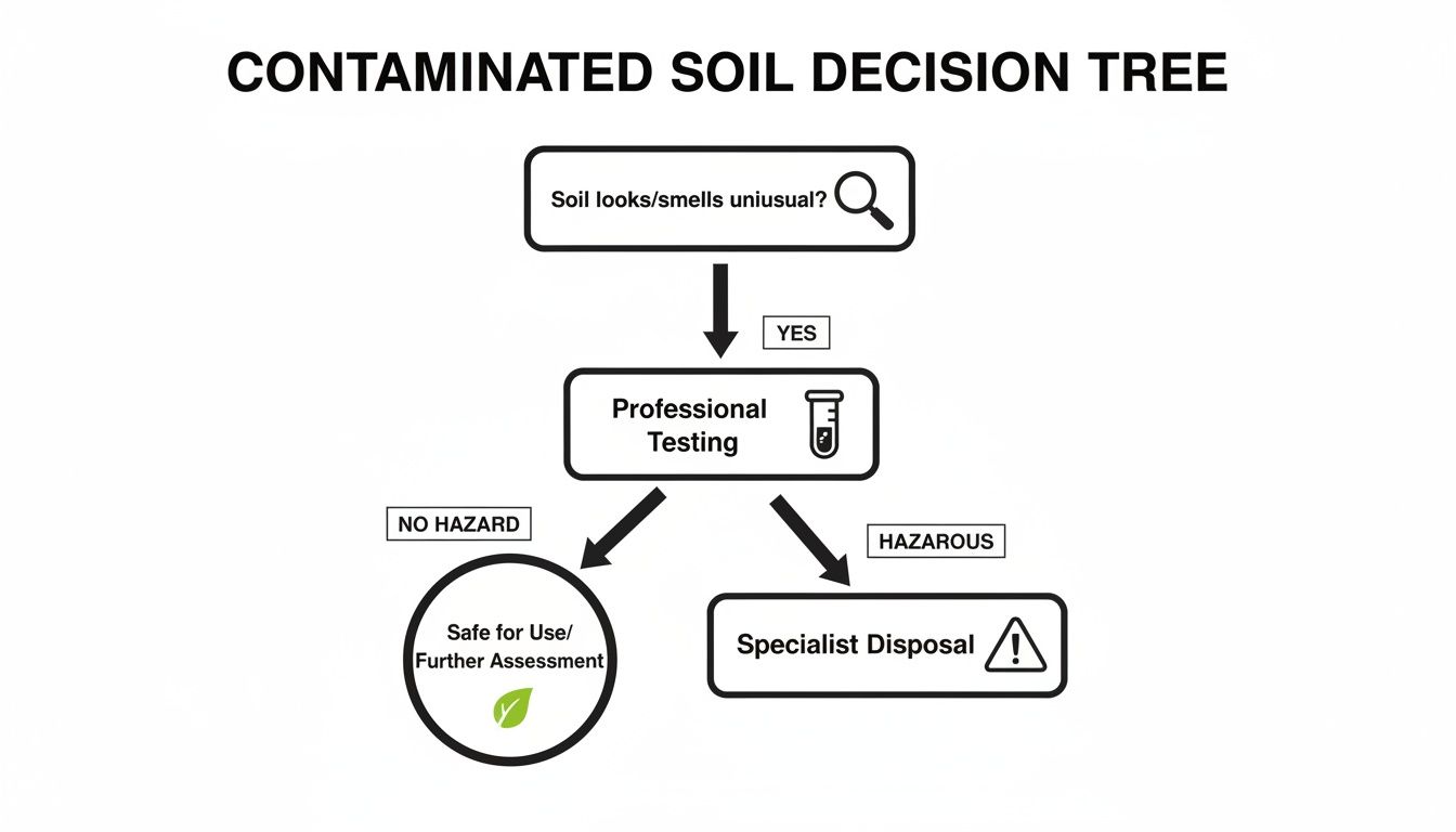 Flowchart outlining the decision-making process for contaminated soil, from initial assessment to testing and disposal.