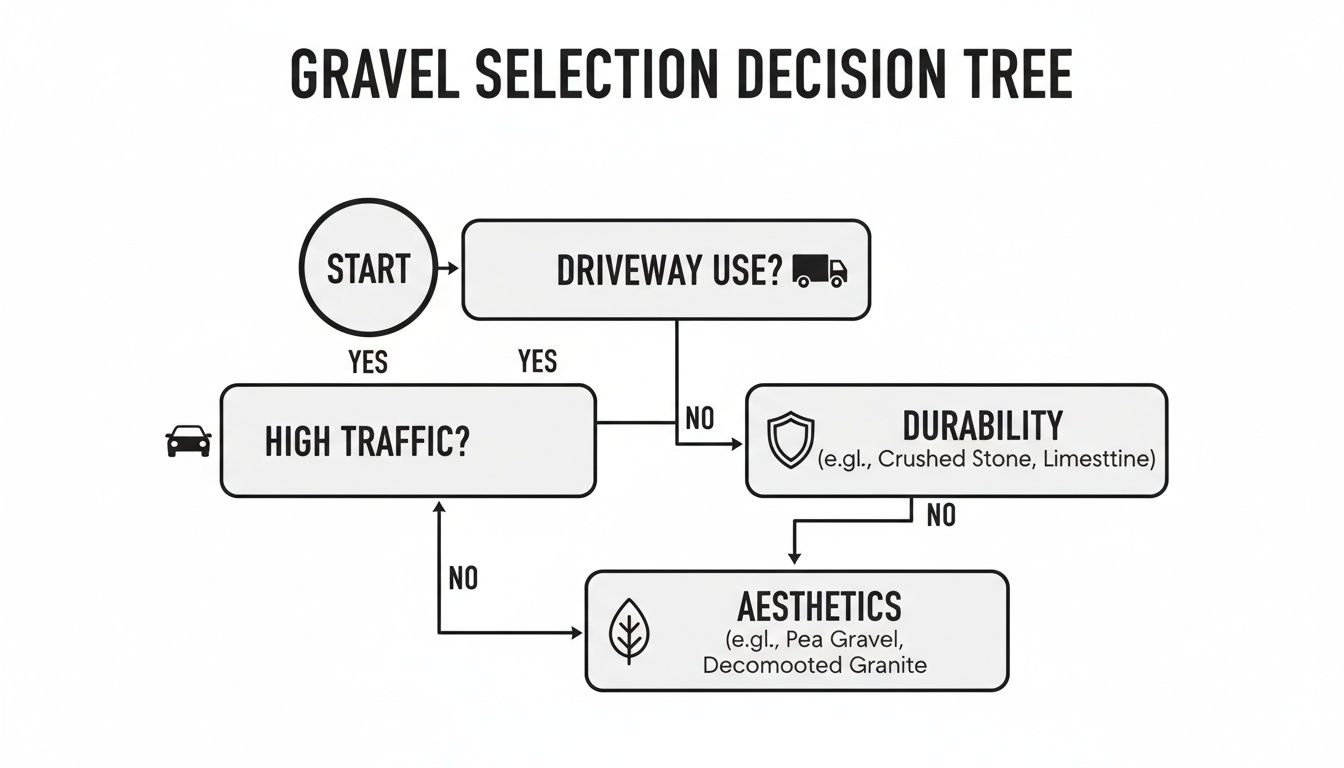 A decision tree flowchart for selecting gravel based on driveway use, traffic, durability, and aesthetics.