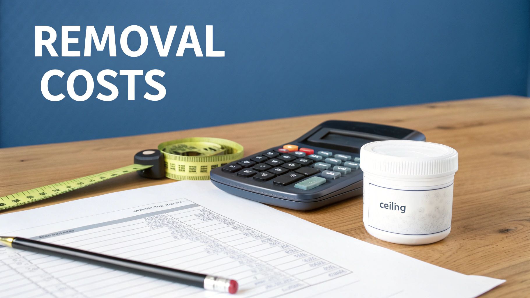 Calculator, measuring tape, spreadsheet, and ceiling removal supplies on wooden desk for cost estimation