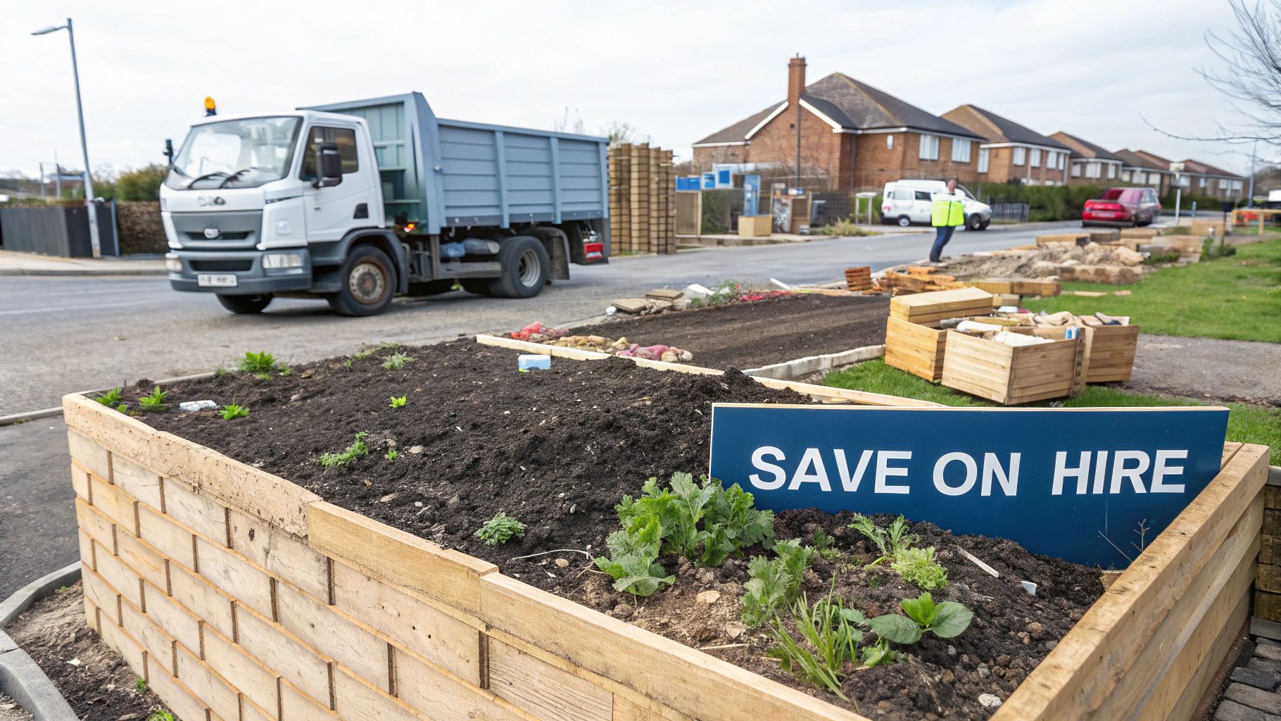 A white dump truck on a road next to a raised wooden garden bed with green plants and a 'SAVE ON HIRE' sign.