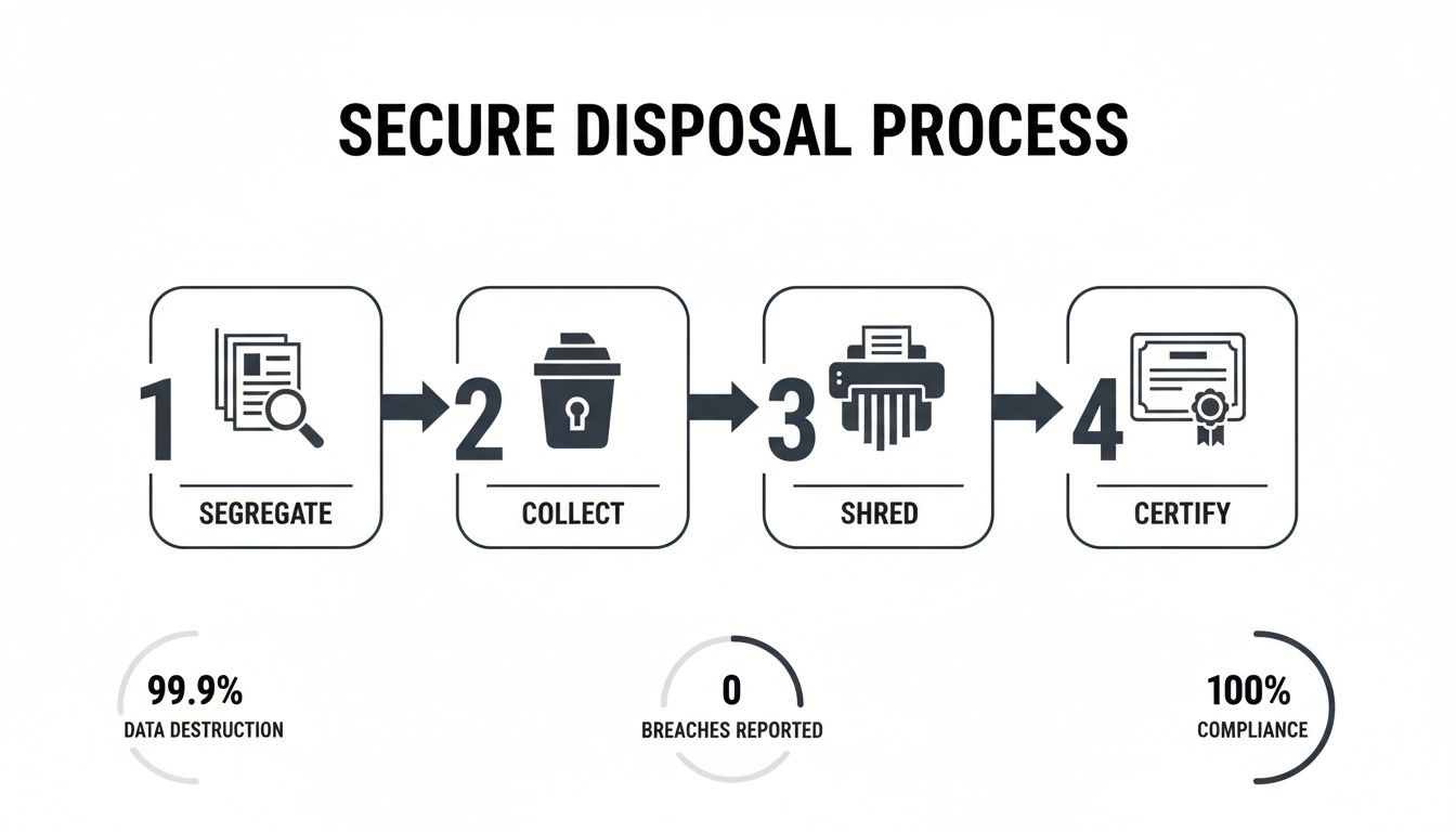 Infographic detailing the four-step secure disposal process for confidential documents, ensuring data destruction and compliance.