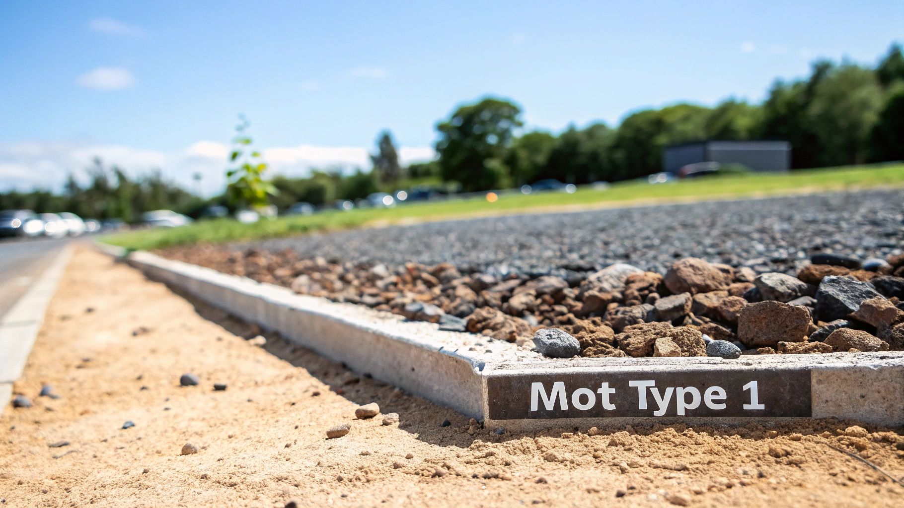 Close-up of a 'Mot Type 1' sign embedded in a concrete border next to a pile of aggregate.