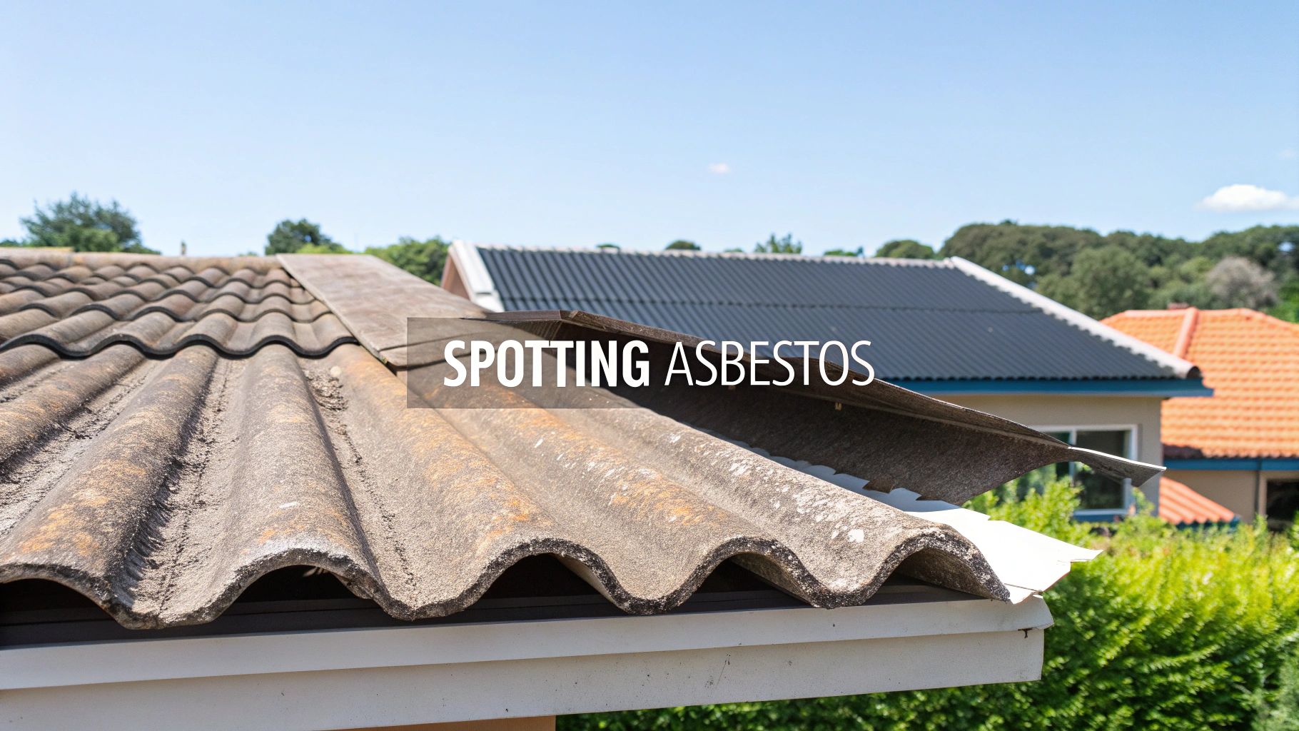 Close-up of old, weathered corrugated roofing, often indicative of asbestos, with a clear blue sky.