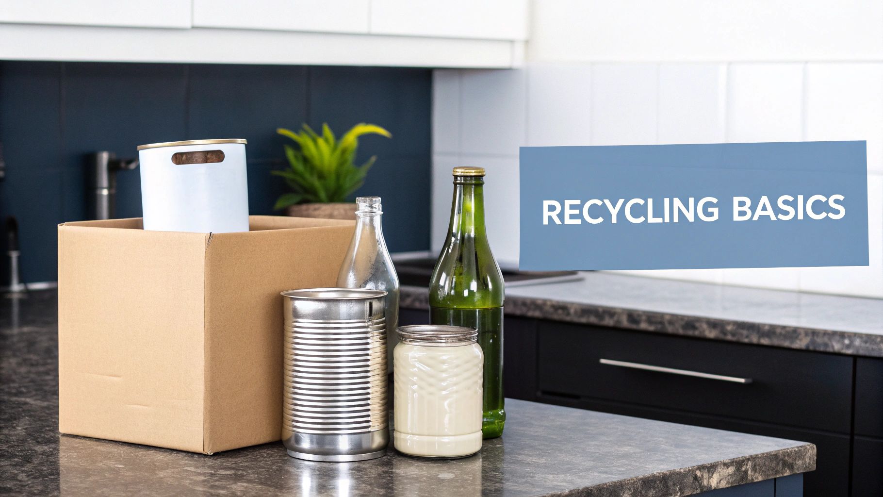 A kitchen counter with a cardboard box filled with recyclables, metal cans, and glass bottles.