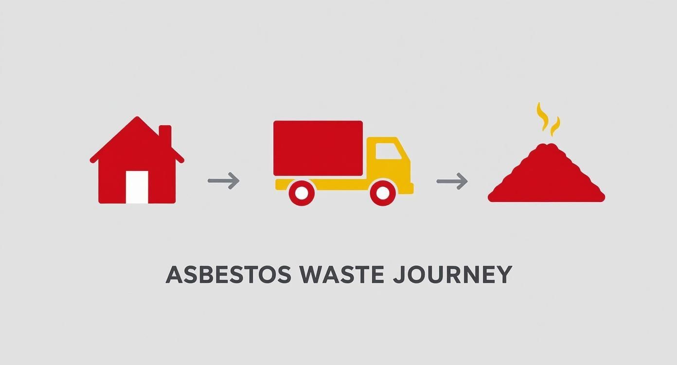 An infographic showing the asbestos waste journey from a house by truck to a disposal pile.