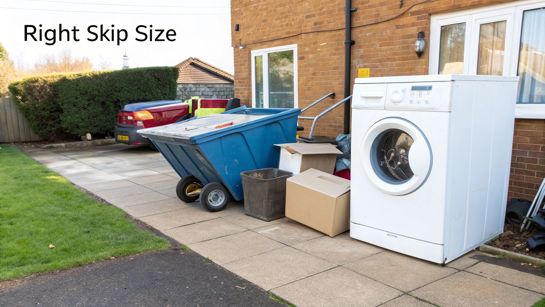 Household waste, including a blue skip, washing machine, and boxes, outside a residential brick house.