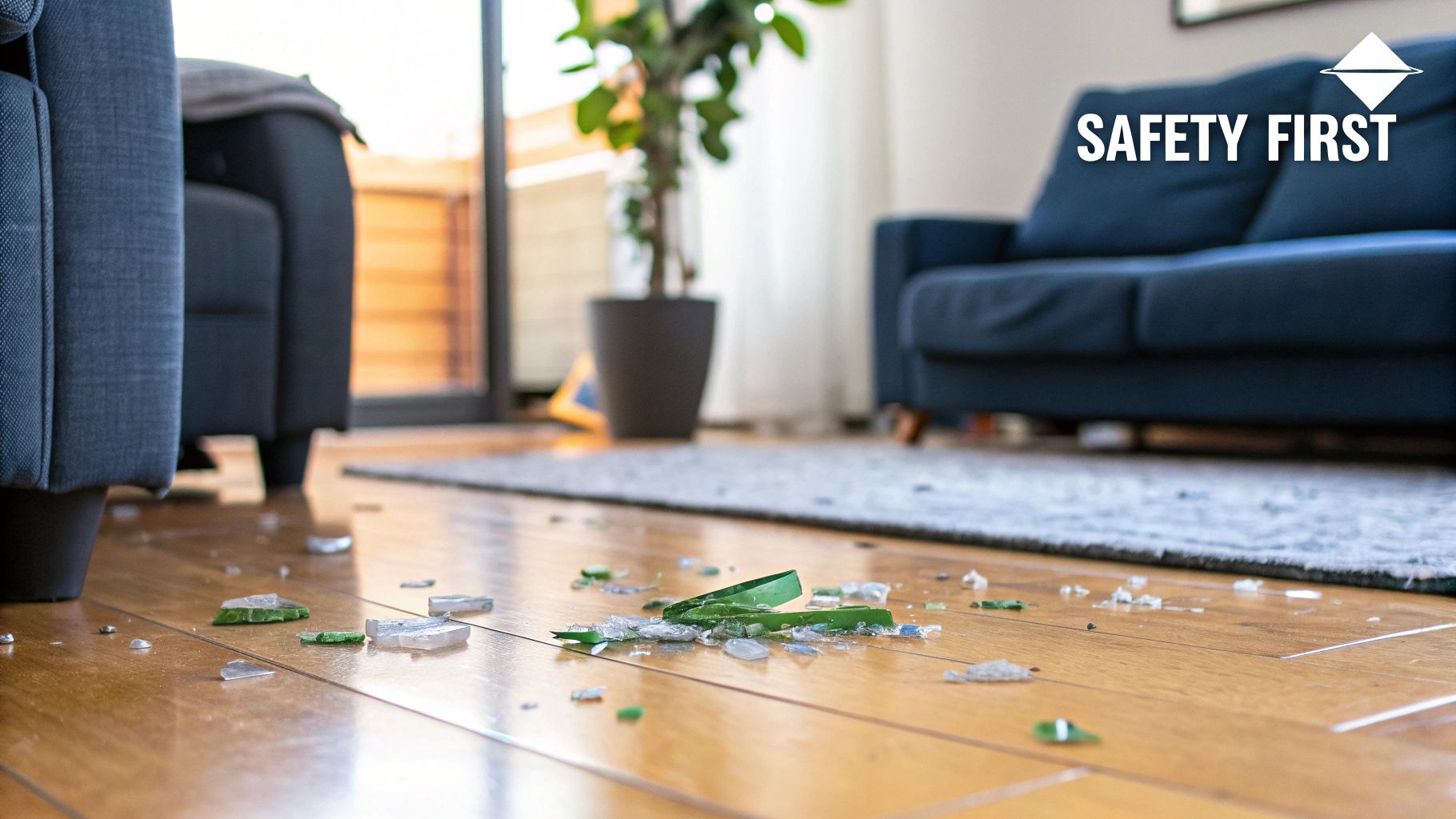 A person safely sweeping up broken glass with a brush and dustpan while wearing protective gloves.