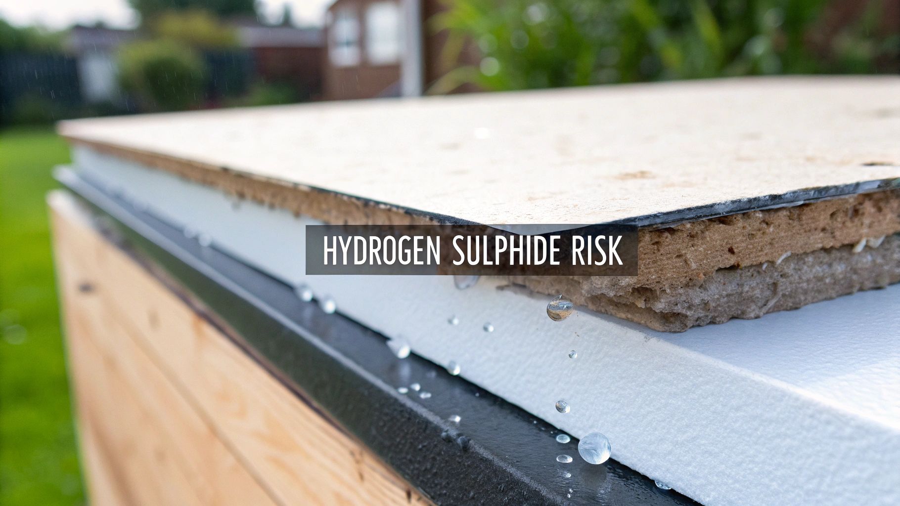 Close-up of a broken piece of plasterboard showing the gypsum core