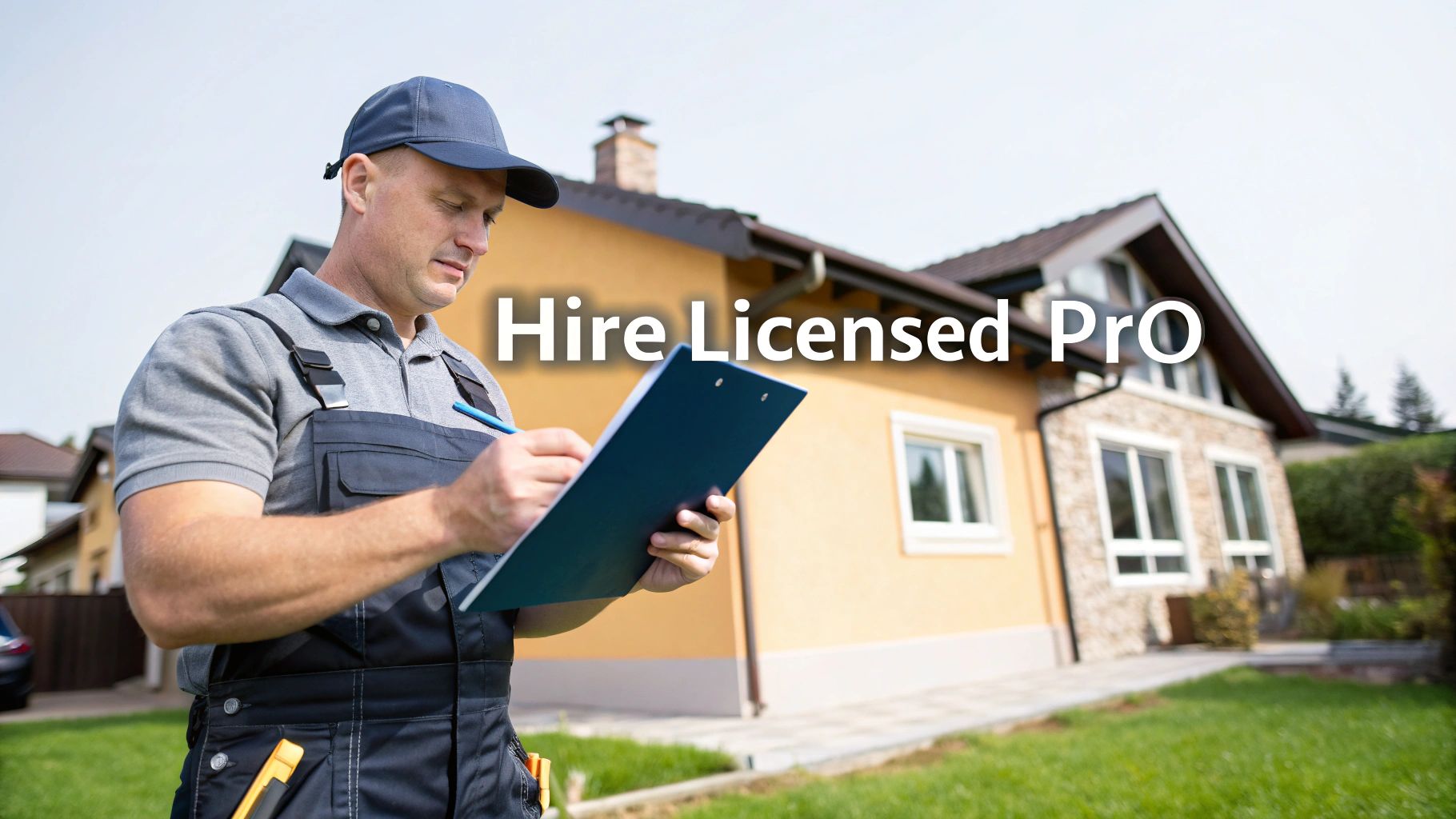 Licensed professional contractor inspecting residential property with clipboard for home renovation assessment