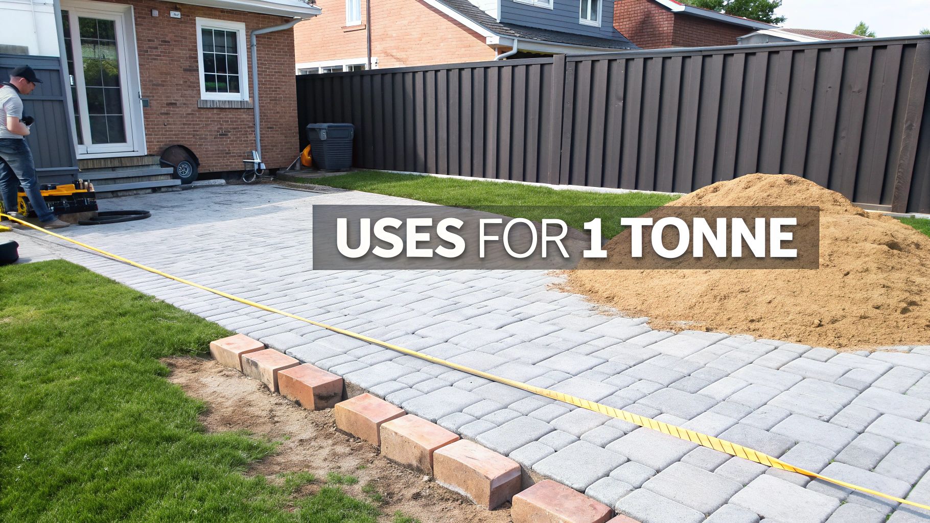 A newly laid patio with a bag of sand nearby, showing a practical use for 1 tonne of sand.