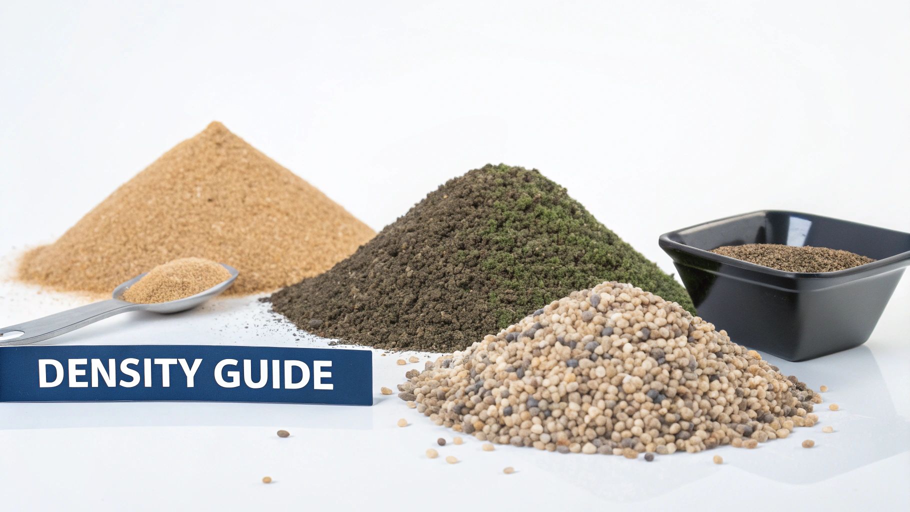 Piles of diverse granular materials like sand, pellets, and aggregates demonstrate a density guide.