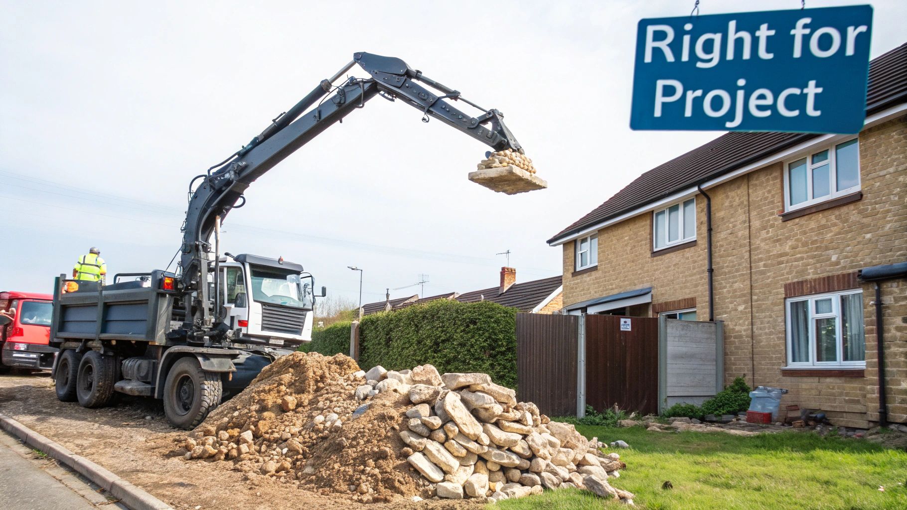 A grab lorry lifting paving stones over a pile of rubble on a residential construction site with a worker.