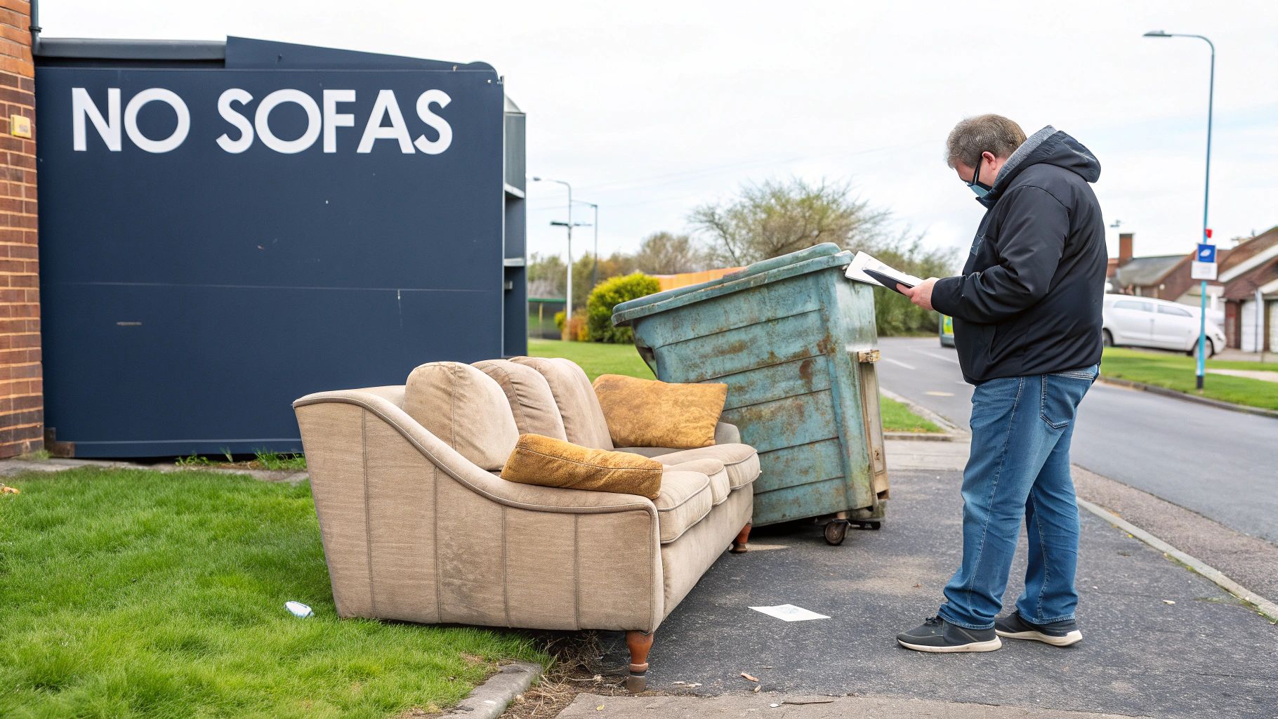 A worn-out, abandoned sofa sitting on a pavement, illustrating the disposal challenge.