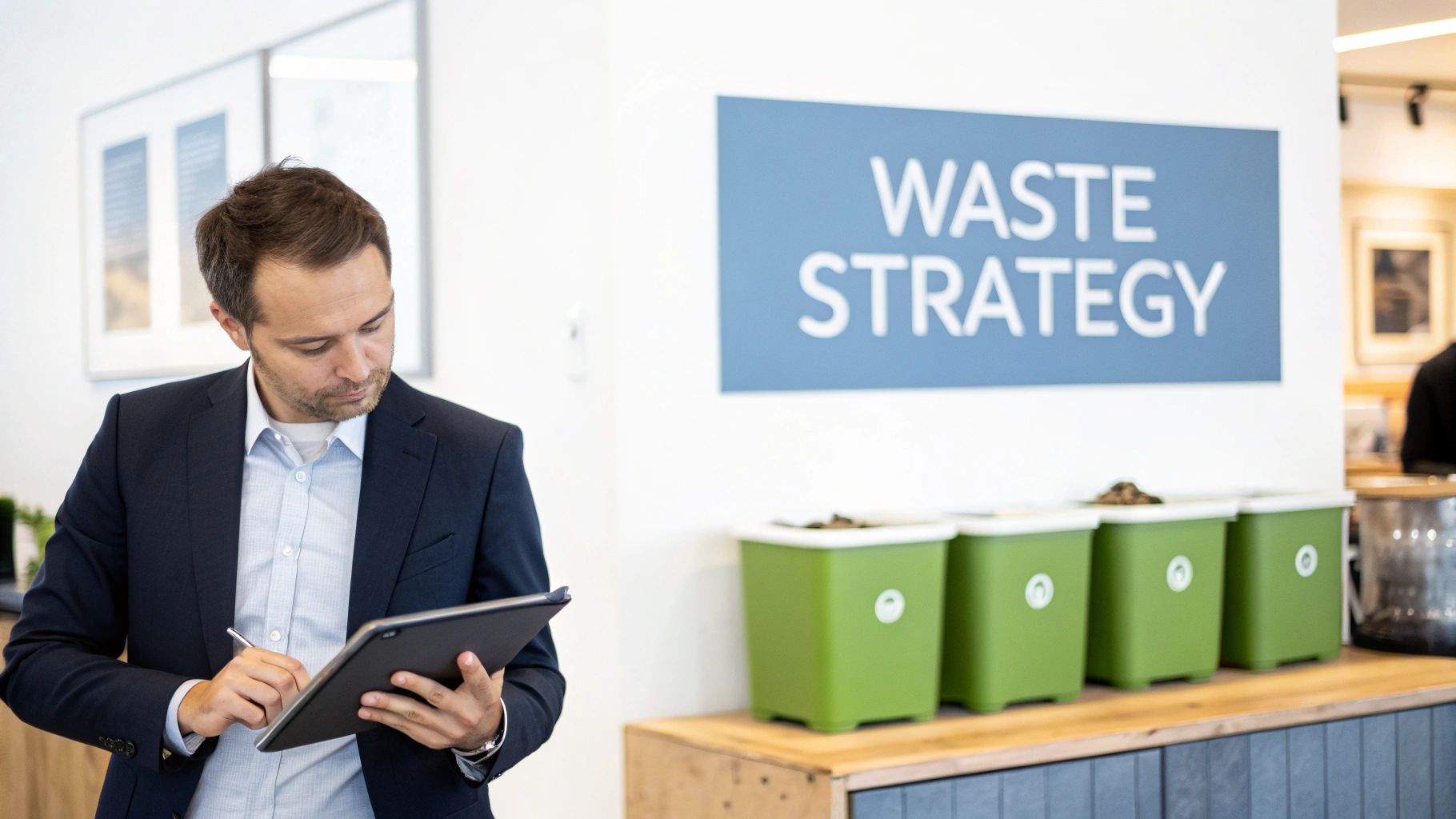 A clean commercial area with recycling bins, representing an effective waste management strategy.