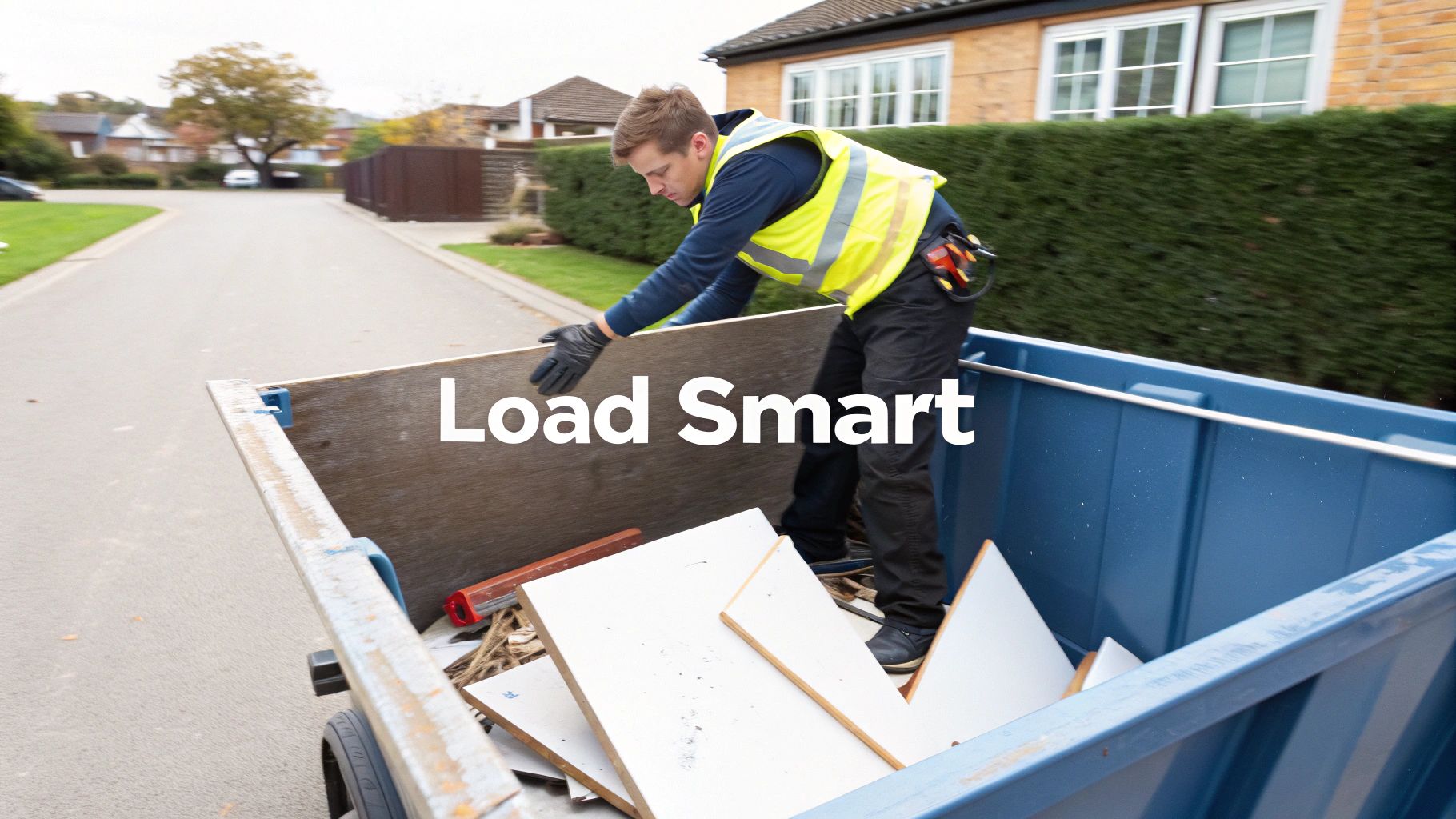 A man in a high-visibility vest loads a large wooden panel into a blue skip bin.