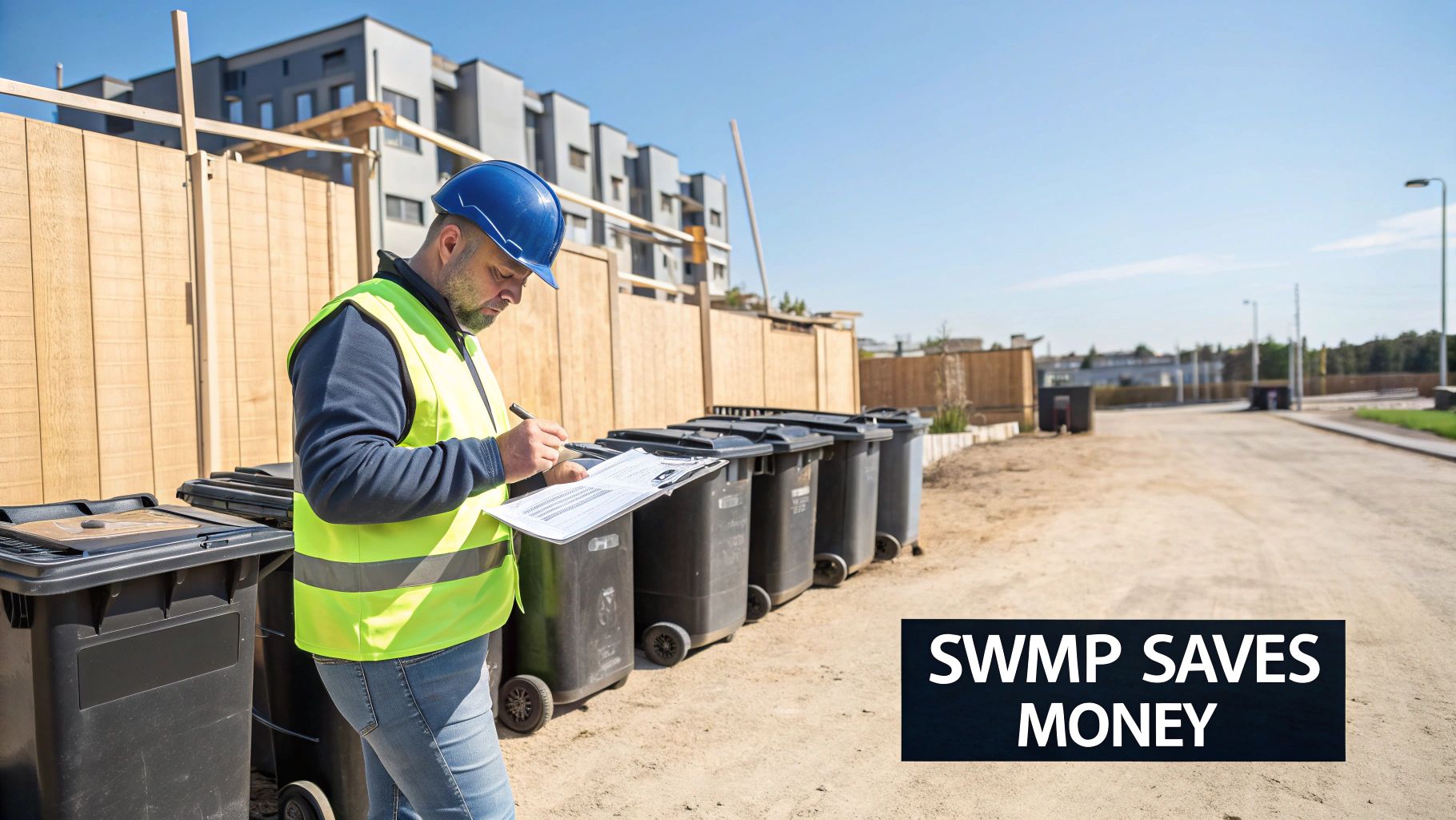 A man in a blue hard hat and yellow vest inspects waste bins at a construction site.