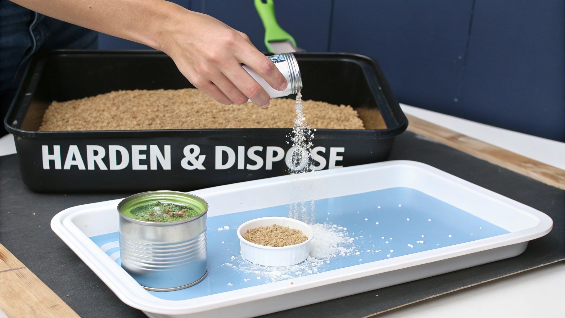A person solidifying leftover water-based paint in a tin using a hardening agent.