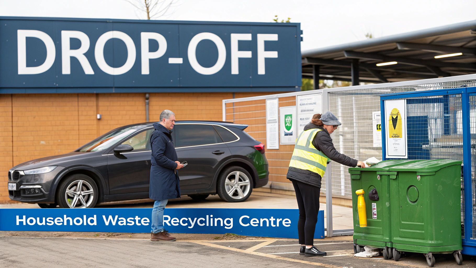 People recycling household waste at a drop-off center with green bins and a car.