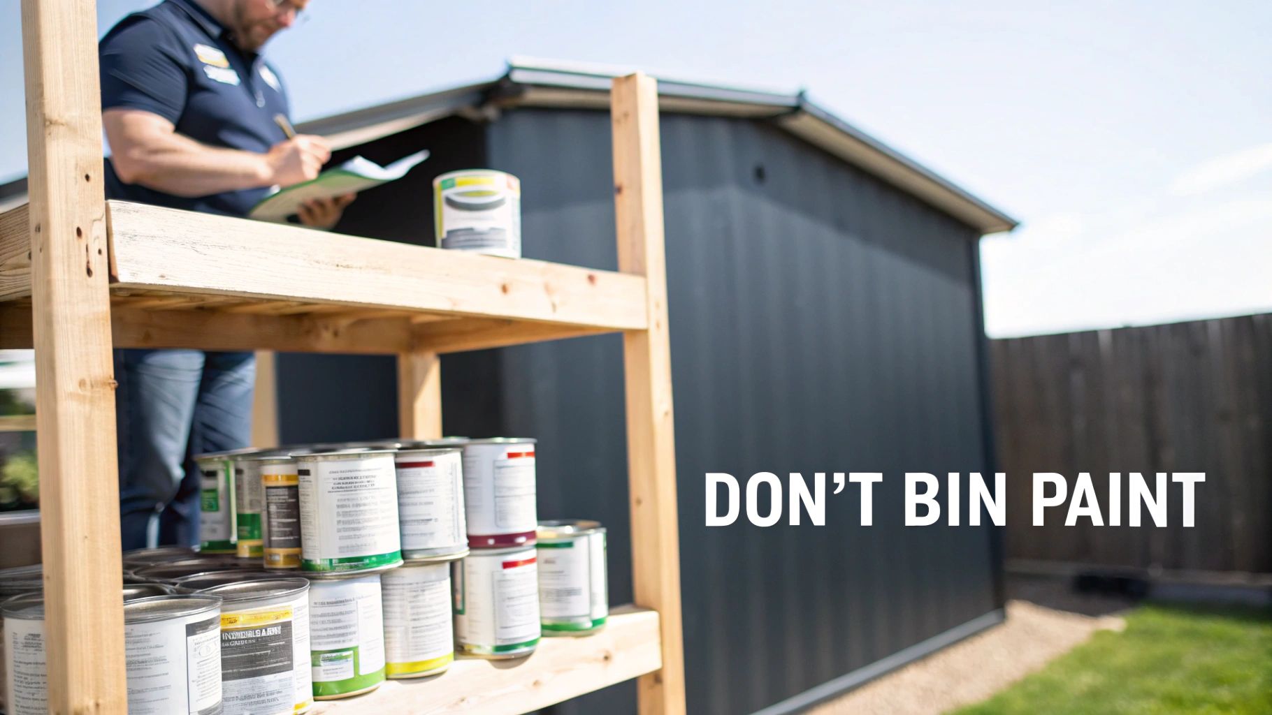 A person inspects numerous paint cans on wooden shelves, advocating proper disposal with 'Don't Bin Paint'.