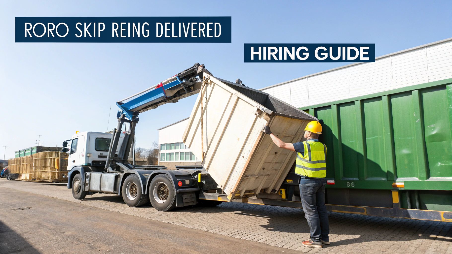 A worker in a high-vis vest guides a skip lorry delivering a RORO skip.