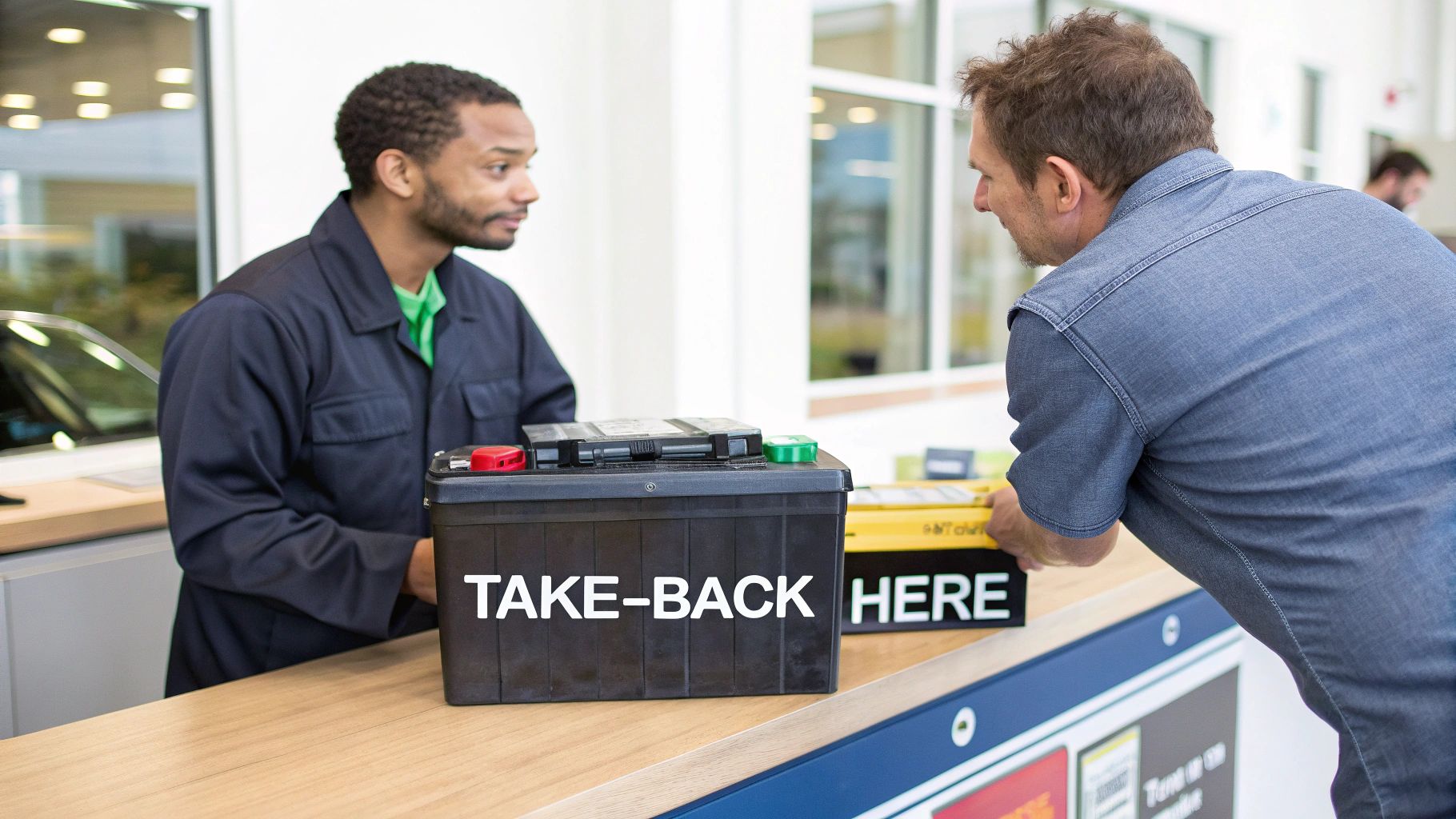 Two men at a counter, one in a uniform and a customer, with a 'TAKE-BACK HERE' box for car battery disposal.